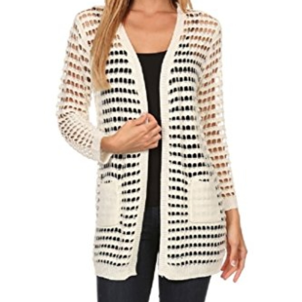Solid Color Thin Knit Crochet Long Sleeves Pockete